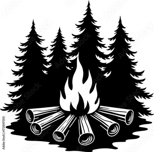 Fototapeta Campfire and Pine Forest Silhouette Vector