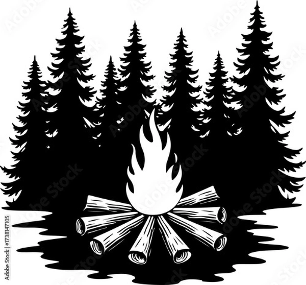 Fototapeta Campfire and Pine Forest Silhouette Vector
