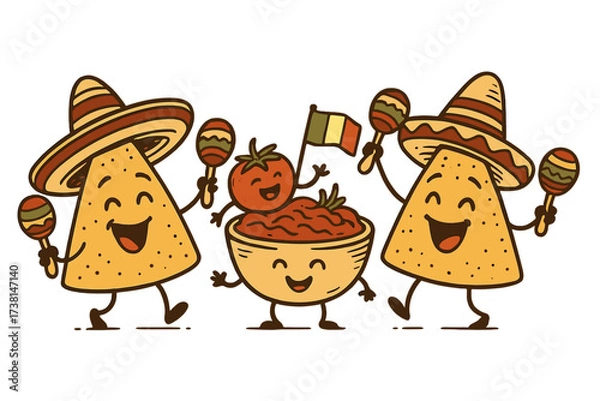Obraz Funny nacho characters in sombreros with maracas. Cute cartoon tomato and salsa bowl at a Mexican food party. Retro vector illustration for Cinco de Mayo or fiesta concept.