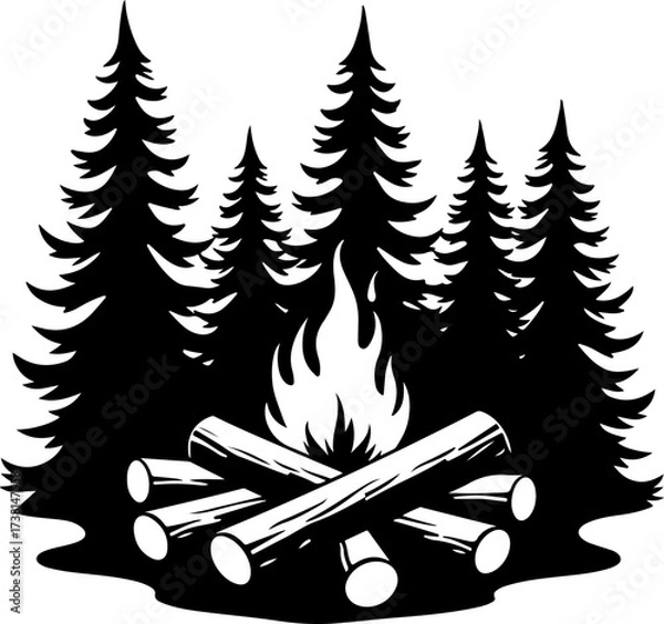 Fototapeta Campfire and Pine Forest Silhouette Vector