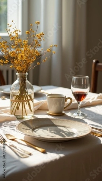 Fototapeta Rustic table setting with red wine and yellow flowers