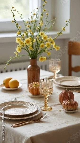 Fototapeta Elegant autumn table setting with yellow flowers