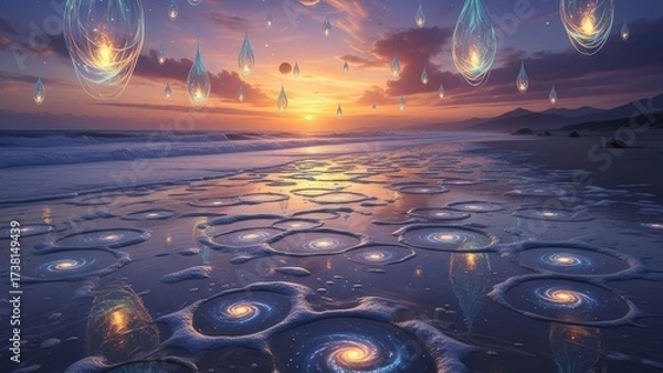 Fototapeta Surreal beach sunset with orbs and galaxy patterns