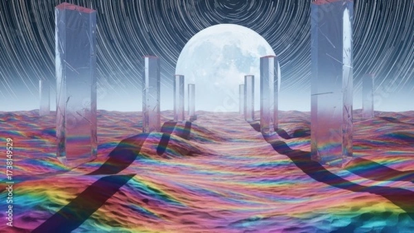 Fototapeta Surreal landscape with a large moon and rainbow ground illustration.