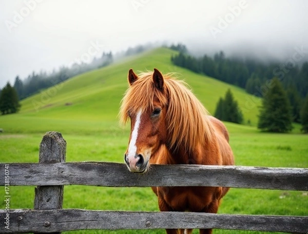 Fototapeta Brown horse standing near a wooden fence on a green mountain meadow. Peaceful countryside landscape with fog, pine trees, and calm natural atmosphere in early morning light.