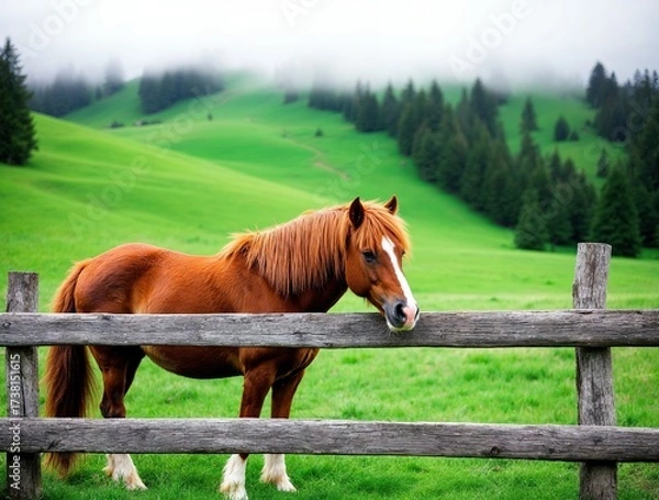 Fototapeta Brown horse standing near a wooden fence on a green mountain meadow. Peaceful countryside landscape with fog, pine trees, and calm natural atmosphere in early morning light.