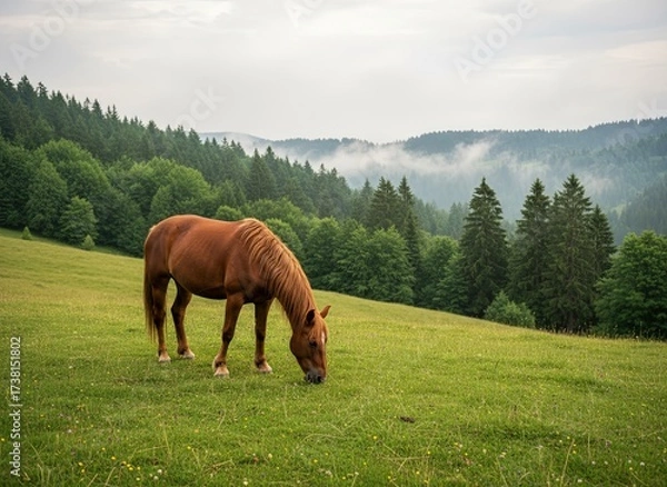 Fototapeta Brown horse grazing on a green meadow with misty mountains in the background. Peaceful rural landscape with soft light, pine trees, and natural calm atmosphere in early morning.