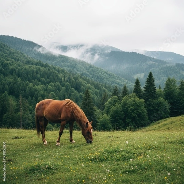 Fototapeta Brown horse grazing on a green mountain meadow with fog and pine forest in the background. Peaceful natural landscape with misty hills, calm atmosphere, and outdoor wilderness.