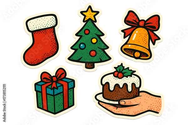 Fototapeta Set of Christmas stickers in vintage halftone style. Xmas retro illustration collection with tree, gift, bell, stocking and cake. Holiday paper cutout vector design elements.