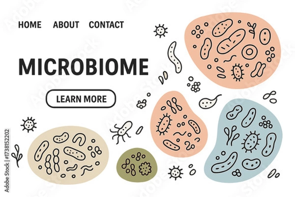 Obraz Microbiome website landing page template. Vector background with hand drawn bacteria, microbes. Science and biology concept with gut flora, probiotics. Abstract shapes illustration.