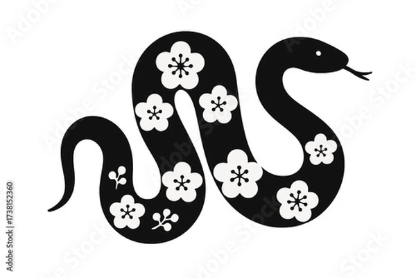 Obraz Modern Asian snake silhouette with plum flowers. Chinese New Year 2025 Year of the Snake zodiac animal. Minimalist serpent icon with sakura blossom pattern ornament vector.