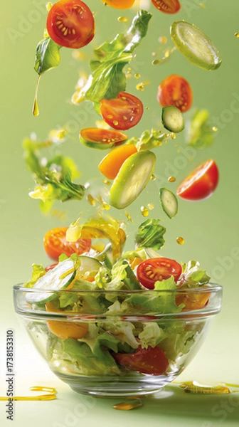 Obraz Colorful salad ingredients flying into a bowl with fresh greens and dressing