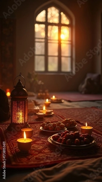 Fototapeta Ramadan celebration with iftar meal of dates and sweets by candlelight
