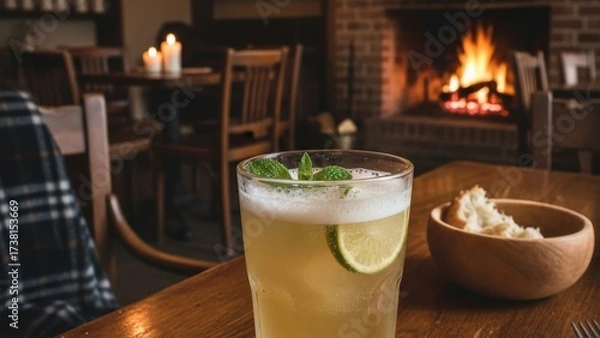 Fototapeta Cozy winter drink with lime and mint by a warm fireplace