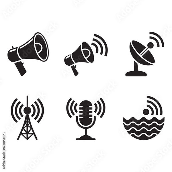 Obraz Collection of communication and broadcasting icons including megaphones, satellite dish, antenna, and microphone