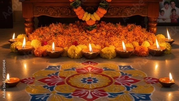 Fototapeta Colorful rangoli with clay lamps and flowers