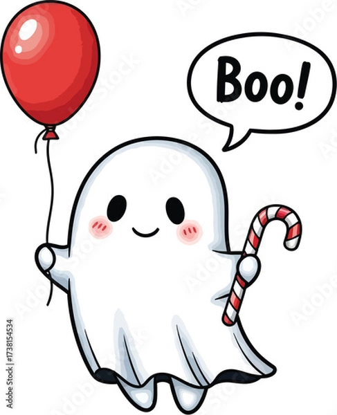 Fototapeta Adorable ghost says Boo while holding candy cane and red balloon for Halloween