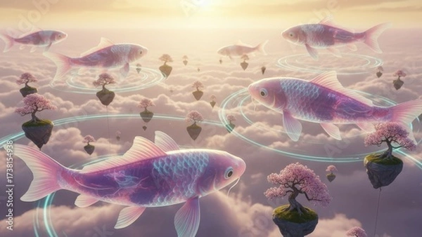 Fototapeta Iridescent fish flying above clouds with floating islands