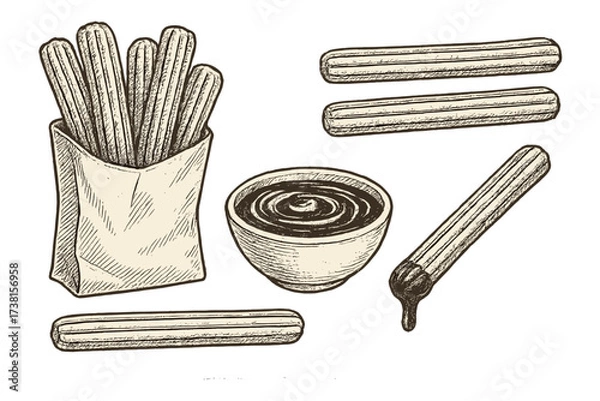 Obraz Hand drawn vintage churros set, assorted churro shapes, Mexican snack sticks in paper bag, bowl of hot chocolate sauce, dessert illustration, retro contour sketch, traditional street food