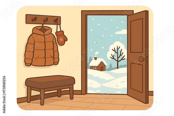 Obraz Cozy home hallway flat design, open door view, winter landscape, snow falling, small cottage, bare tree, wall hanger with warm down jacket, mittens, wooden bench, inviting interior scene