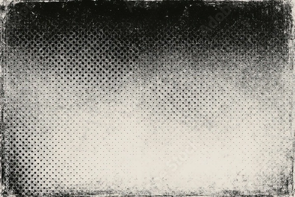 Fototapeta Vintage halftone texture with black and white gradient dots and worn edges. Retro comic background for print, poster, or graphic design with rough paper and faded ink effect.