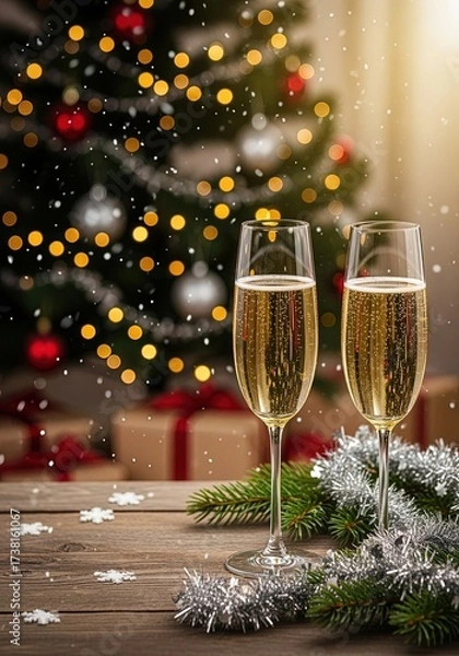 Fototapeta Two champagne glasses on a wooden table with Christmas decorations, fir branches, and tinsel. Festive background with lights, gifts, and decorated Christmas tree with snow effect.