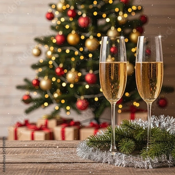 Fototapeta Two champagne glasses on a wooden table with fir branches and Christmas decorations. Festive holiday background with gifts, lights, and decorated Christmas tree in warm tones.