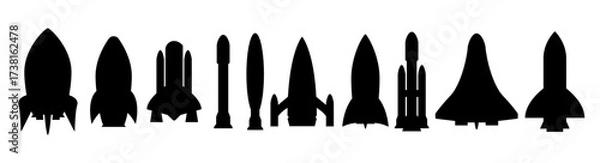 Fototapeta Rocket silhouette space black icon set. Spaceship simple launch rocket ship vector illustration pictogram