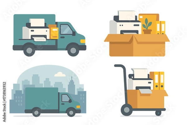 Obraz Corporate moving service icon set. Business relocation concept with truck, boxes and office supplies. Vector illustration of company moving to a new office with equipment.