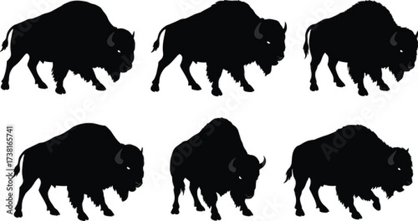 Fototapeta Silhouette collection of wild bison animals in black vector style, isolated buffalo shapes for wildlife, nature, decoration, logo, design