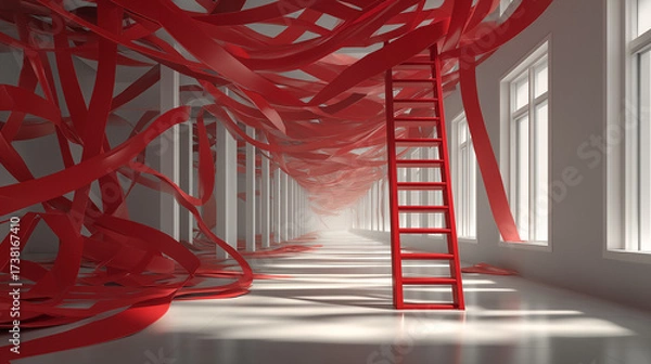 Fototapeta Surreal office corridor with red tape and ladder.