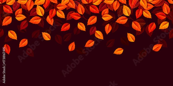 Fototapeta Autumn horizontal seamless background with falling red and orange leaves on a dark brown background. Vector autumn border