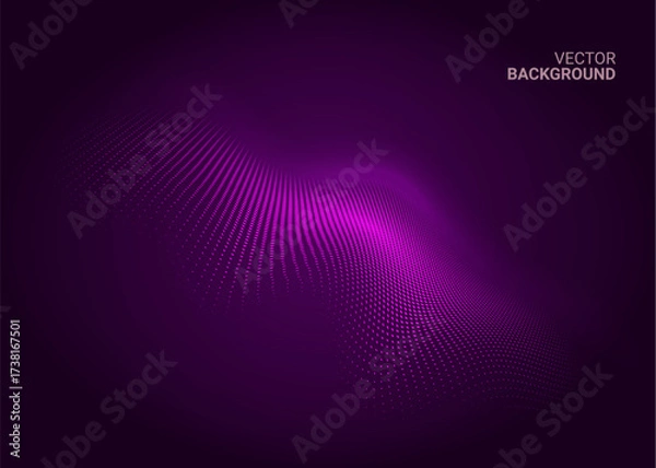 Fototapeta Abstract purple wave of glowing particles on dark background with dynamic flowing dots and futuristic digital motion effect
