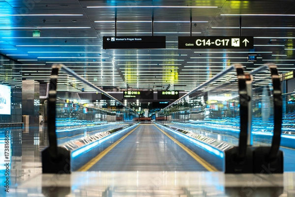 Fototapeta Modern Airport Moving Walkway with Illuminated Glass Railings, Efficient Terminal Conveyor System Featuring Sleek Blue-Lit Design
