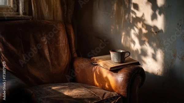Fototapeta A photo of an old leather armchair with a cup of coffee or tea and a book, lit by the afternoon sun in an abandoned house and the shade of a tree in the yard.