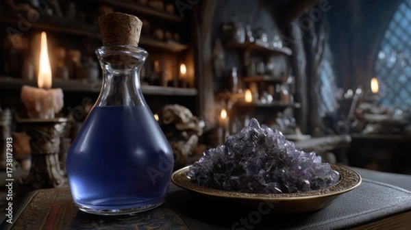 Fototapeta Glass potion bottle with blue liquid and plate of amethyst crystals on wooden table in dimly lit room