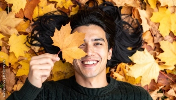 Fototapeta Autumn scene. A person lying on the ground covered with colorful fall leaves, smiling and holding a large maple leaf. Essence of the fall season. Seasonal portrait nature-inspired setting. Lifestyle.