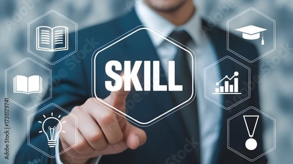 Fototapeta Skill concept. personal development, professional skills, competence, education, leader mindset and work performance is influenced by skills. Businessman using laptop with virtual icon.