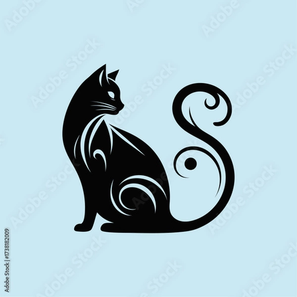 Fototapeta Elegant Black Cat Silhouette with Swirly Tail Design. Artistic black cat silhouette with decorative swirls and elegant posture. Perfect for logos, tattoos, Halloween, pets, or creative graphic design
