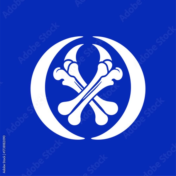 Fototapeta Crossed Bones Emblem with Crescent Shape on Blue Background. Bold white crossed bones inside a crescent design on a blue background. Perfect for logos, symbols, pirate themes, gothic, 