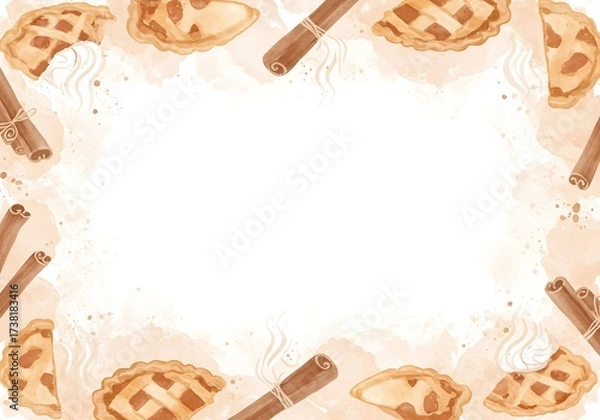 Fototapeta Warm pie slices and cinnamon sticks create cozy autumn border