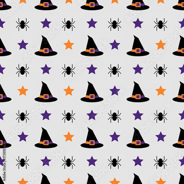 Fototapeta Spooky Halloween Seamless Pattern with Witch Hats and Spiders