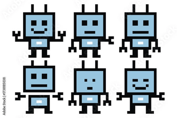 Fototapeta Set or collection cartoon pixel art of humanoid robot or ai learning skill robotic automation chat bot robots business vector character technology background 8 bit pixel art.