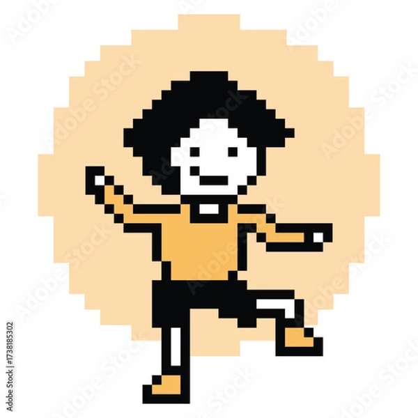 Fototapeta Cute cartoon pixel character cute man exercises training aerobic dance lifestyle music decoration life style 8 bit male boy dance background with music game 8bit fitness vector.