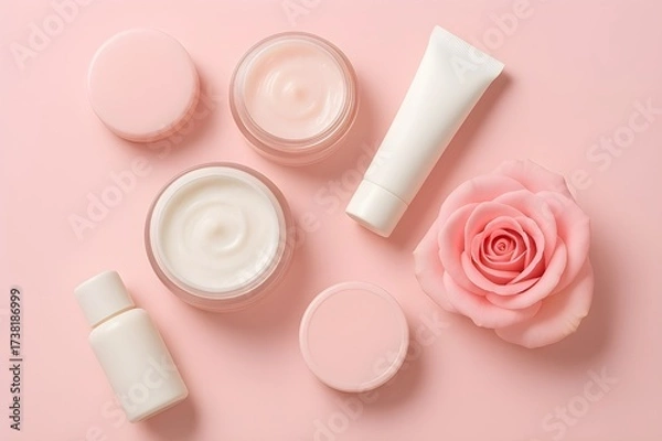 Fototapeta skincare cream jars with rose on pink background
