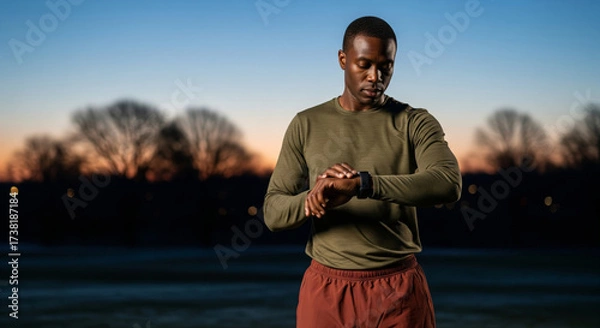 Obraz Man in activewear checks his smartwatch during outdoor workout at dusk, showcasing active lifestyle and wellness discipline. serene background highlights his focus and determination