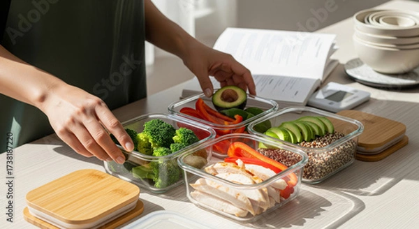 Obraz Person preparing healthy meal prep containers with fresh vegetables, avocado, chicken, and quinoa, promoting active lifestyle and wellness through disciplined eating habits