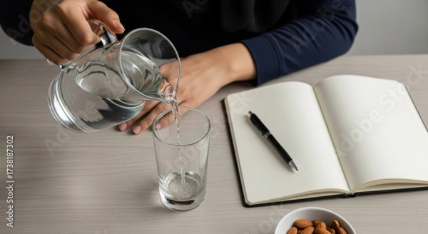 Obraz Person pours water into glass on wooden table, accompanied by open notebook, pen, and bowl of almonds, promoting active lifestyle and wellness through mindful hydration and discipline