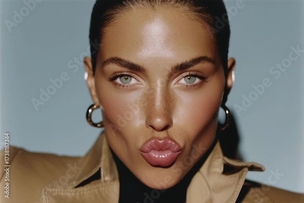 Fototapeta Close-up portrait of a stunning woman puckering her lips as if for a kiss, looking directly at the camera. Bold and flirty beauty shot.