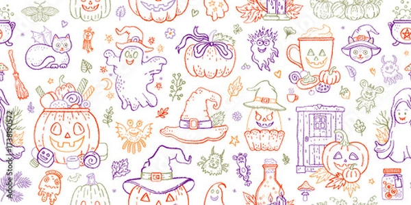 Fototapeta Halloween seamless pattern. Halloween background. Pumpkin, witch hat, autumn leaf, cat. Fall vector print. Cute doodle pumpkin seamless pattern. Autumn floral crayon background. Simple outline icon bg